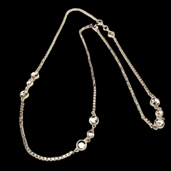 Long Silver-tone Box Chain Clear Bezel-set Faceted Crystal Station Necklace - Picture 1 of 9